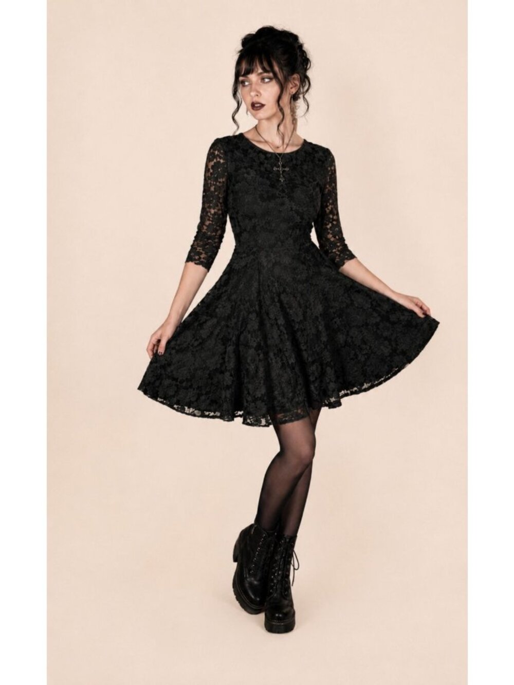 Vtg Leslie Fay Fit & Flare Dress Whimsigoth Floral Black Lace Dark Princess Sz 6